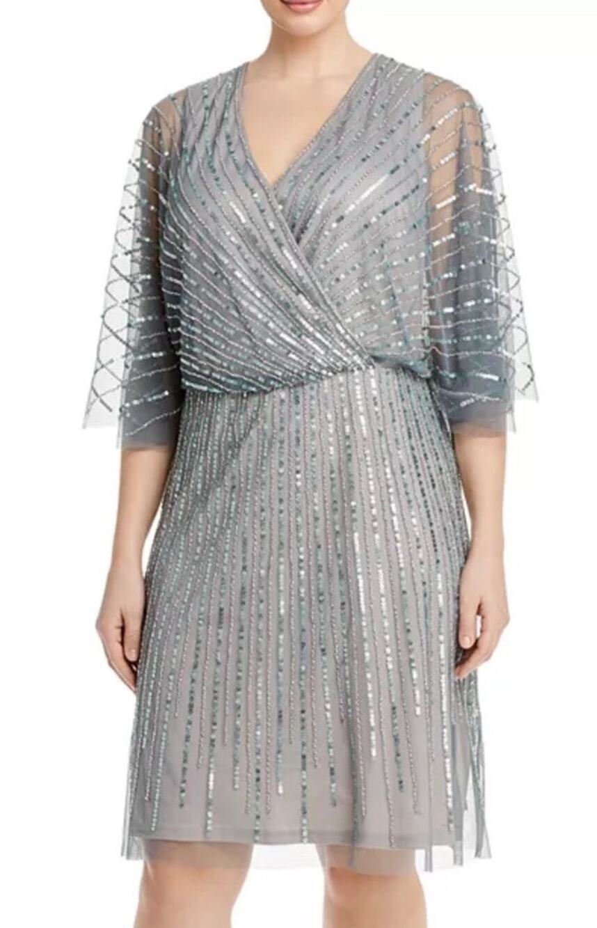 Adrianna Papell Silver Gray Sleeveless Sequined Flutter Cape Formal Dress Sz 4